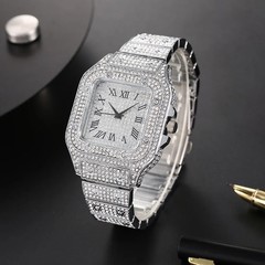Classic Luxury Business Men’s Steel Strap Square Roman Scale Rhinestone