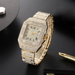 Classic Luxury Business Men’s Steel Strap Square Roman Scale Rhinestone