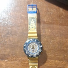 Swatch Centennial Quartz Chronograph 39mm 200m Clear Case Gold/Blue Strap