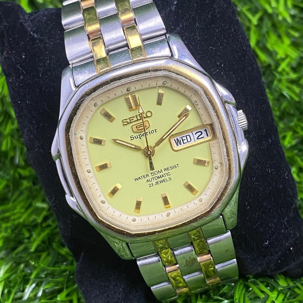 Rare SEIKO 5 Superior Square Automatic 7S36-0030 Two Tone Vintage Watch Men