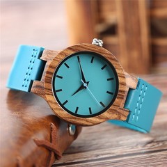 Ladies Blue Dial Wood Case Watch Genuine Leather Strap Quartz Valentine’s Day