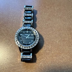 Fossil Women’s Black Silver Analog Wristwatch Crystal Accents Gem-Set Bezel