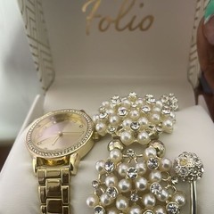 Gold Watch with Silver Pearl and Diamond Bracelets