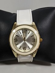 Silver Tone Dial Round Gold Tone Case 38.6 mm White Rubber Band Watch 9.5 Inch