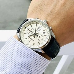 Seiko Chronograph Men’s Champagne Dial Tachymeter Black Leather Watch SSB383