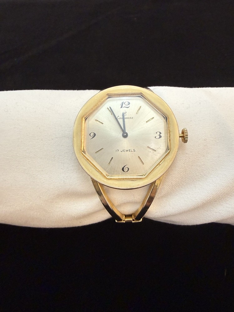 Lavanne Vintage 17J Manual Mechanical Octagon Gold Tone Bangle Watch Silver