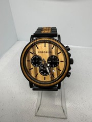 BOBO BIRD P09 Mens Wooden Watch Zebra Wood Chronograph Stainless Steel 44mm