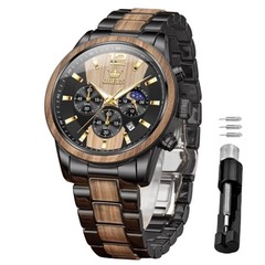 Men Watch Stainless Steel Wood Accent Multi Function Dial Wood – Black-1
