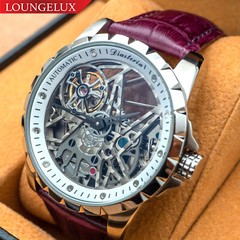 Mens Silver Flywheel Skeleton Automatic Mechanical Watch Purple Leather