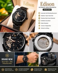 Edison Automatic Skeleton Mechanical Black Stainless Bracelet 40-43mm