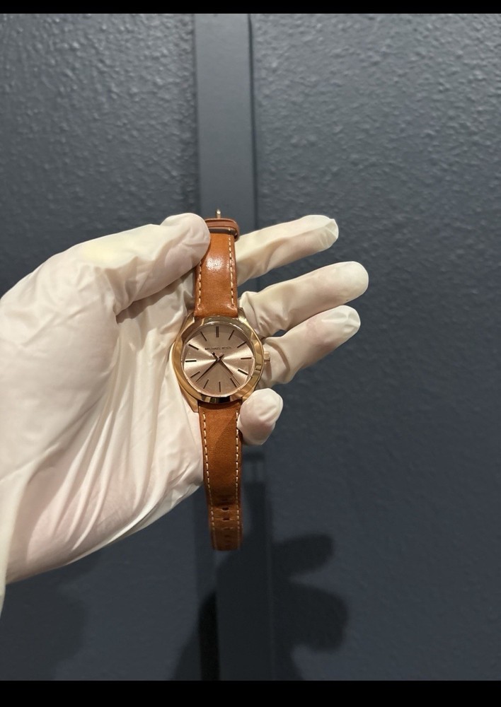 Michael Kors Slim Runway MK3425 Rose Gold Tan Leather Watch Women NEEDS BATTERY