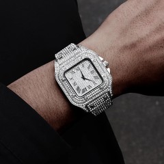 Classic Luxury Business Men’s Steel Strap Square Roman Scale Rhinestone