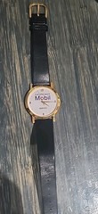 Vintage Mobil Oil Watch Gold/White Leather Band Needs Battery Promotional Image