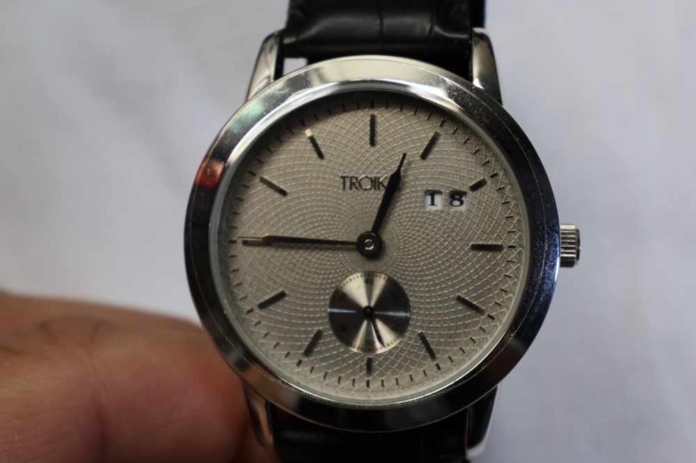 Troika Dress Watch – Textured Silver Guilloché Dial, Date & Small Seconds