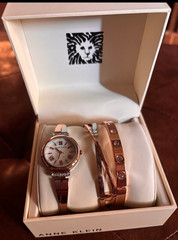 Anne Klein Rose Gold Tone Quartz Bracelet Watch Set w/ Bangles, Box