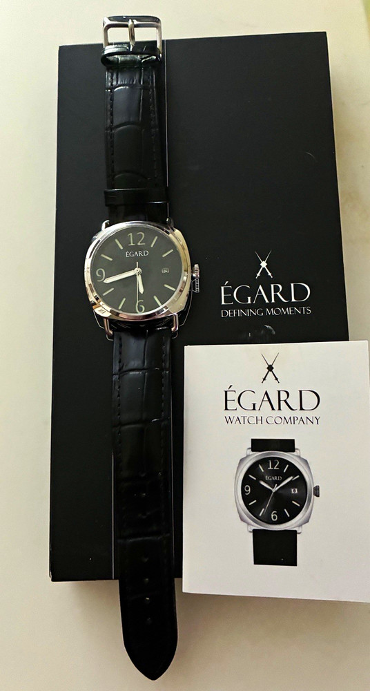 Egard 36mm Quartz Watch Black Dial Silver Case Black Leather Strap Date Box