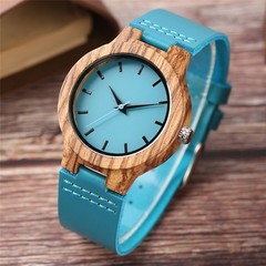 Ladies Blue Dial Wood Case Watch Genuine Leather Strap Quartz Valentine’s Day