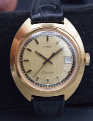 Vintage Timex Electric Date 29mm Gold Tone Watch Black Strap For Parts