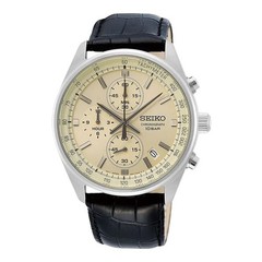 Seiko Chronograph Men’s Champagne Dial Tachymeter Black Leather Watch SSB383