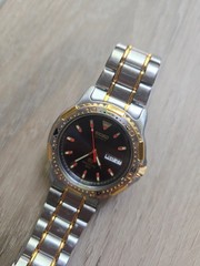 Seiko Watch Mens Sports 150 Two Tone Diver Style Black Dial Day Date Quartz Y2K