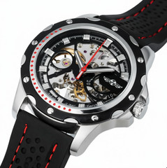 Automatic Skeleton Watch Men Mechanical Self Wind Black Rubber Strap WINNER