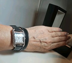 JUDITH RIPKA BLACK LEATHER WRAP WATCH Silvertone ~3/4″ square dial NEW IN BOX