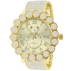 Roman Numbers Dial Men’s 18K Gold On Simulated Diamond Cluster Pave Flower Watch