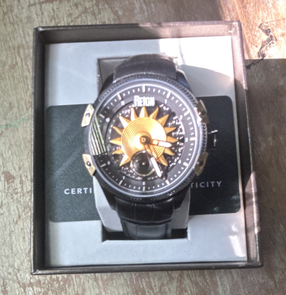 Reign Men’s Automatic Skeleton Dial Watch 44mm Black/Gold Leather Box