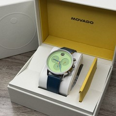 NEW✅SWISS✅ Movado FACE Green Dial Blue Leather 43mm Chrono Men’s Watch 3640139