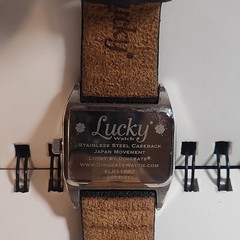 Lucky by Dingbats Rectangle Stainless Case Black Leather Strap Quartz Watch