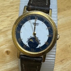 VTG Seiko Quartz Watch 4K22-0089 Women Moon Phase Gold Tone Leather New Battery