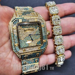 HIP HOP GOLD PLATED LUXURY BLING ICY WATCH & ICED CUBIC ZIRCONIA BRACELET SET