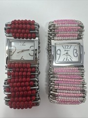 Lot of 2 Safety Pin Watches (1)Geneva (1)Narmi- Red & Pink Beaded Stretch-AS IS