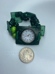 E JQ Long Green Wood Beaded Stainless Quartz Stretch Untested
