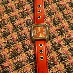Quartz Analog Square Wristwatch Red Dial Red Strap Arabic Numerals Silver