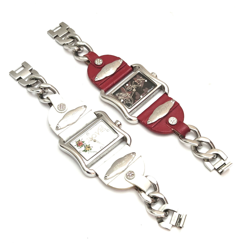 Ed Hardy LOVE SKIN Watch Set Red White Leather Bands VTG Christian Audigier