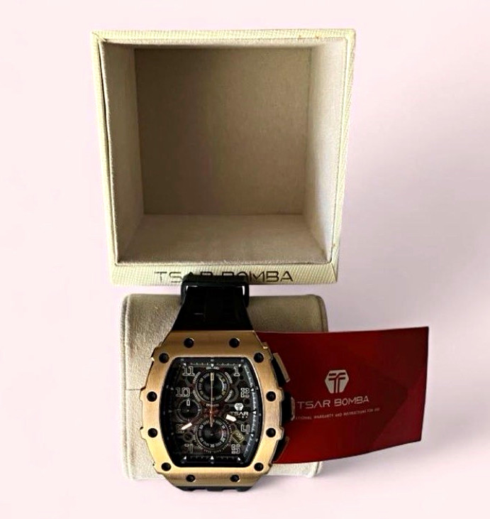 TSAR BOMBA Elemental Sapphire Glass Calendar Watch in Gold Black TB8204Q