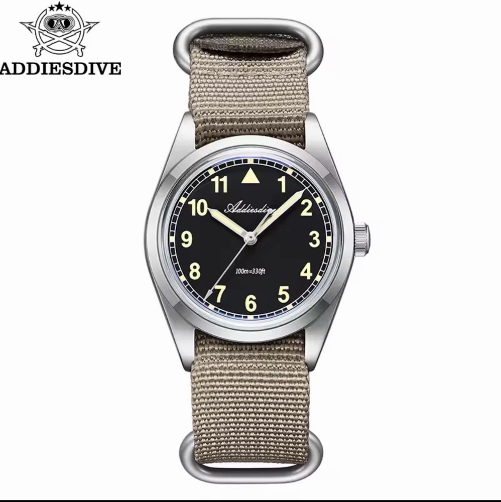 ADDIESDIVE 36mm VH31 Retro Pilot Field Watch AD2079- Black Dial, Tan NATO.