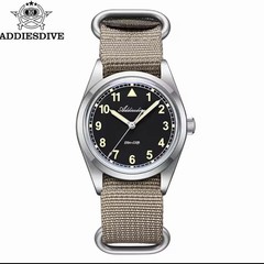 ADDIESDIVE 36mm VH31 Retro Pilot Field Watch AD2079- Black Dial, Tan NATO.
