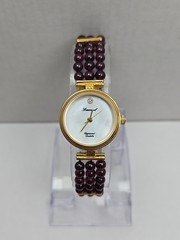 Vintage Lucoral Diamond Quartz Watch Garnet Bead Bracelet Gold Tone New Battery