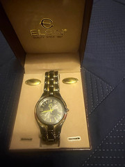 Elgin Quartz Analog Date Black Dial Gold/Black Bracelet Watch w/ Box