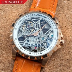 Mens Automatic Mechanical Watch – Rose Gold White Dial Orange Leather Strap