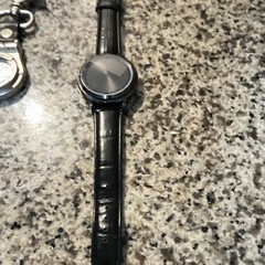 Black Dial Analog Round Wristwatch, Black Leather Strap, Silver Metal Case