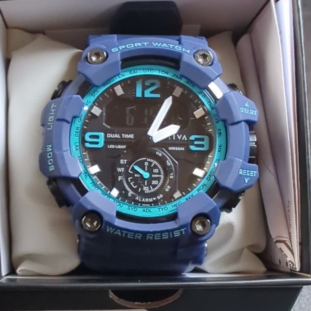 Activa Sport Dual Time Quartz Wristwatch Blue Analog Digital Water Resistant