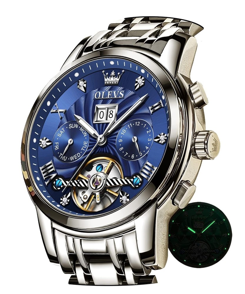 OLEVS Men’s Automatic Skeleton Watch Blue Dial Waterproof Date Calendar