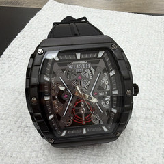 WLISTH Men’s Automatic Skeleton Tonneau Wristwatch Date Black Rubber Strap
