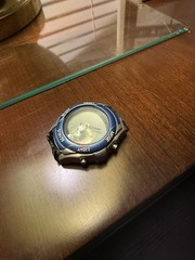 Benrus Quartz Analog Sport Wristwatch 100m Gold Dial Blue Bezel Rubber Strap