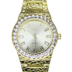 Men’s Iced Bezel 44mm Nugget Techno Pave Hip Hop CZ Gold Plated Metal Band Watch