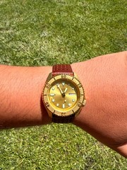 Seiko SRPE74 Seiko 5 Sports Men’s Gold-Tone 42.5mm Original Gold + Leather Strap