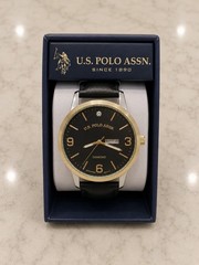 US Polo Assn Men’s Analog Watch Round Silver Tone Leather Band NEW